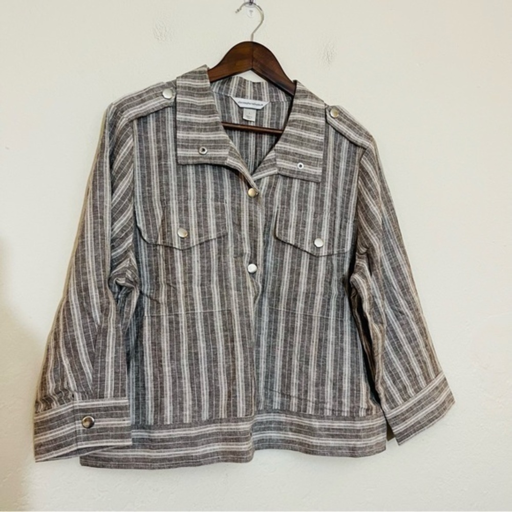 Christopher & Banks Linen Blend Quarter Sleeve Striped Top Size L Gray/White